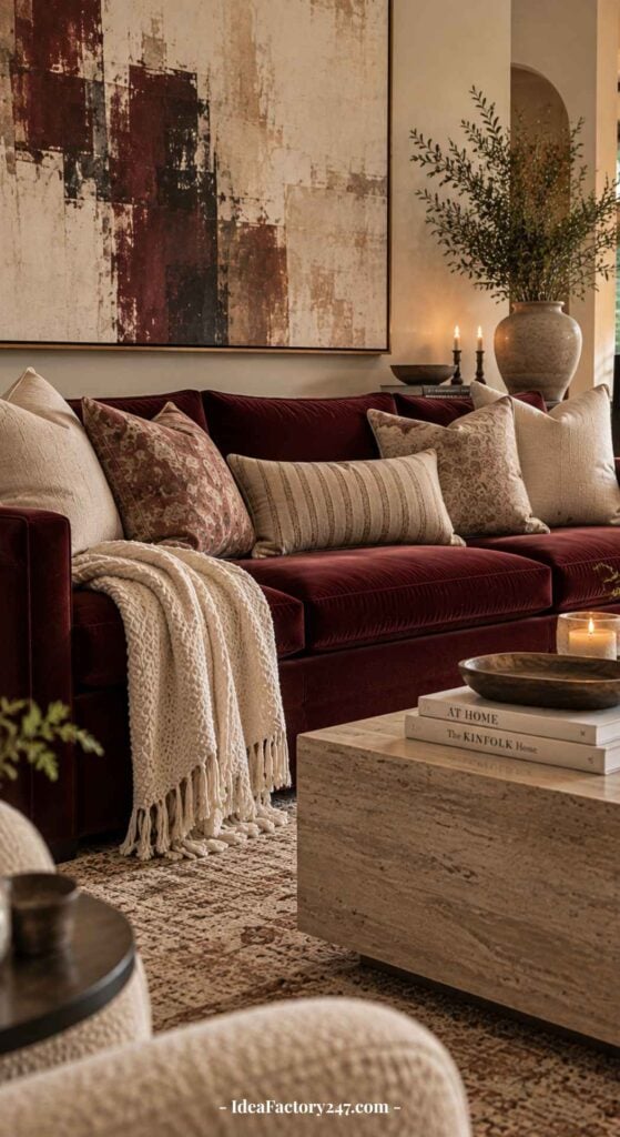 Cozy living room with a burgundy velvet sofa, patterned pillows, cream throw blanket, large abstract wall art, a stone coffee table with candles and books, and greenery in a vase, creating a warm, inviting atmosphere.