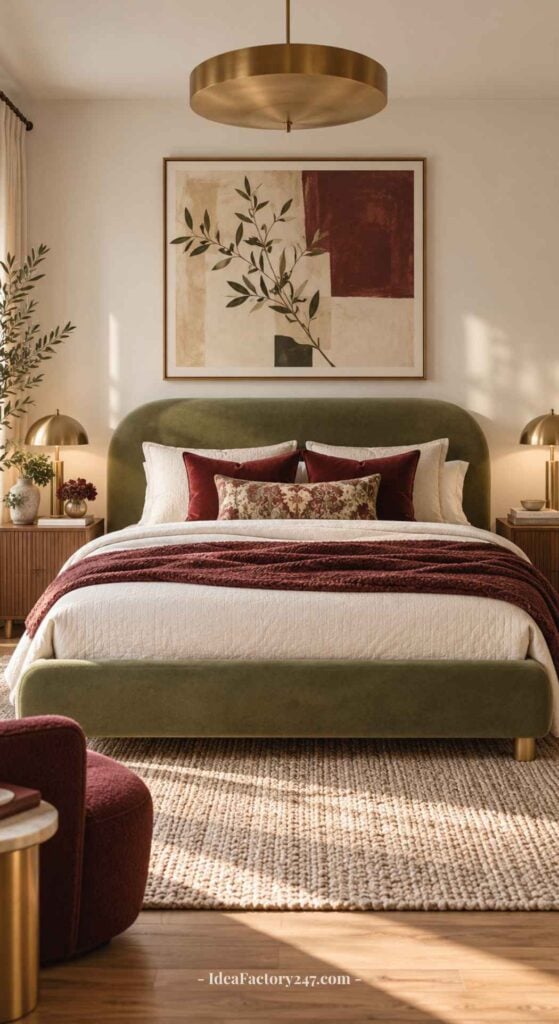 Modern bedroom with a green velvet bed, white and burgundy bedding, abstract art above the bed, gold lamps, and a woven rug. The room has warm lighting and minimalist decor.