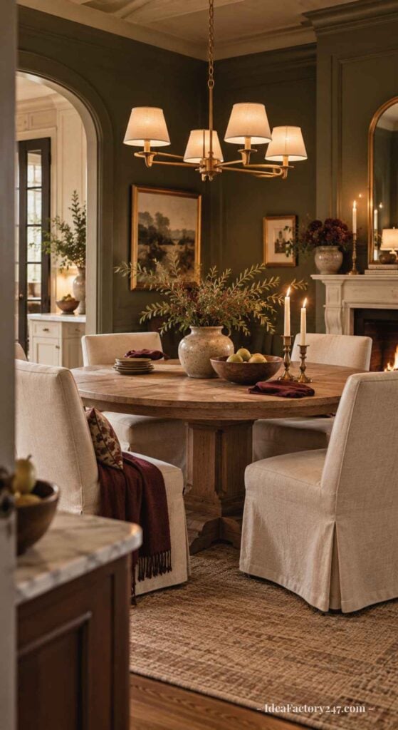 A cozy dining room with a wooden table, beige slipcovered chairs, a woven rug, candlelight, and greenery centerpieces. The room has green walls, framed art, and a chandelier, creating a warm, inviting atmosphere.