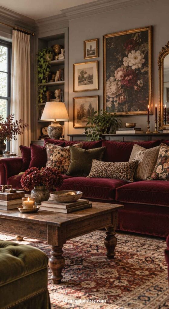 Elegant living room with a burgundy sofa, floral and animal print pillows, a wooden coffee table, books, candles, and framed art on gray walls, creating a cozy, vintage atmosphere with warm lighting and a patterned rug—a quintessential burgundy sofa living room.