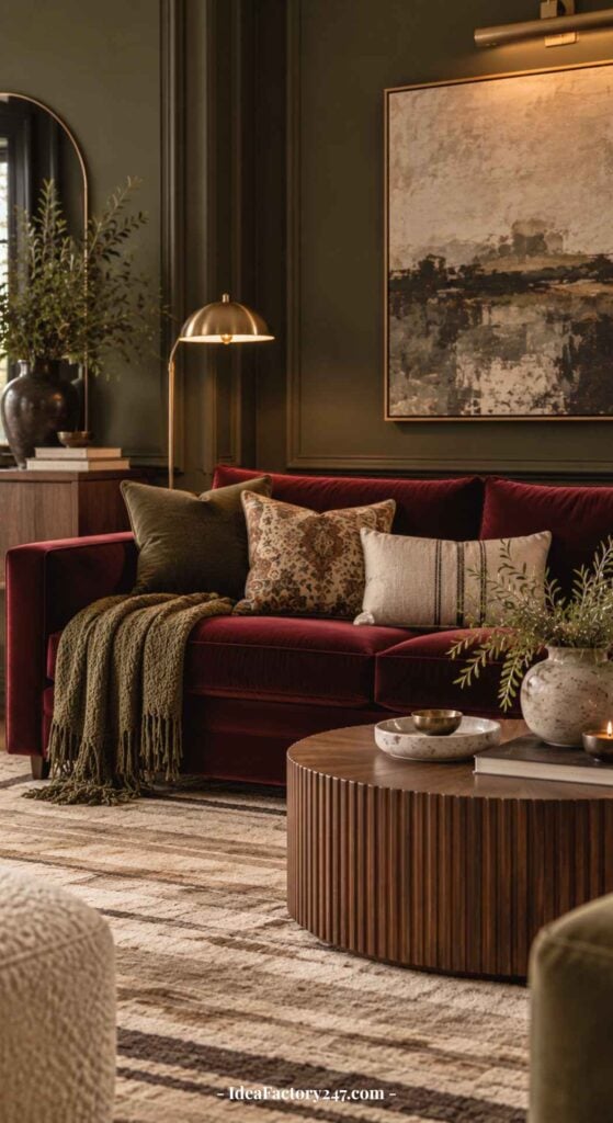 A cozy burgundy sofa living room with a dark red velvet sofa, assorted pillows, green throw blanket, round wood coffee table, abstract wall art, gold lamp, and plants. Earthy tones enhance the warm, inviting atmosphere.