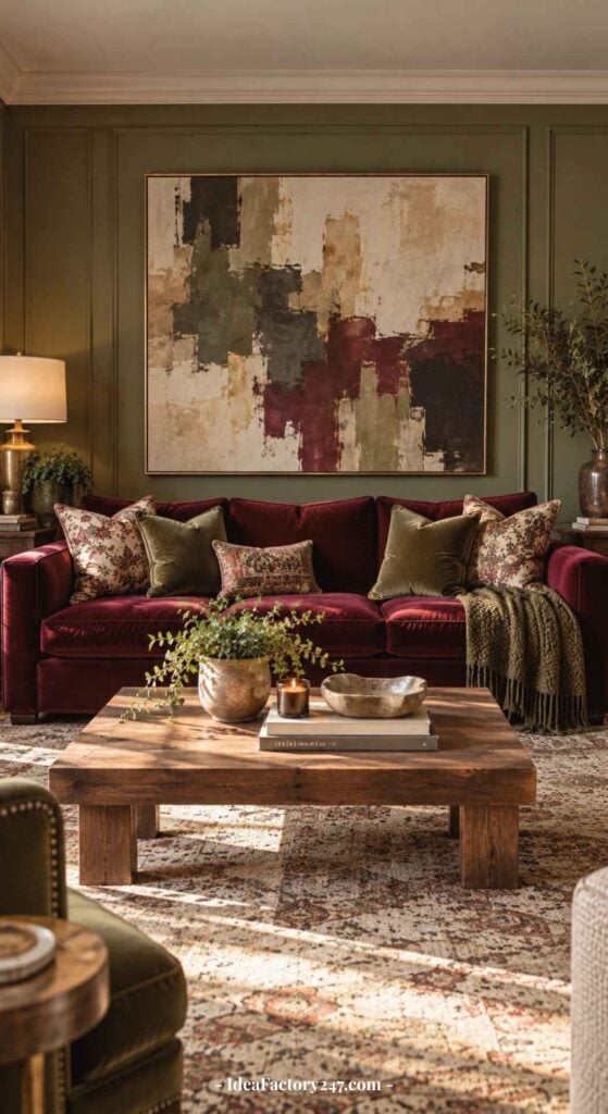A cozy burgundy sofa living room features a velvet sofa adorned with green and floral pillows, a wooden coffee table, candles, and abstract wall art. Warm lighting complements the green walls to complete the inviting atmosphere.