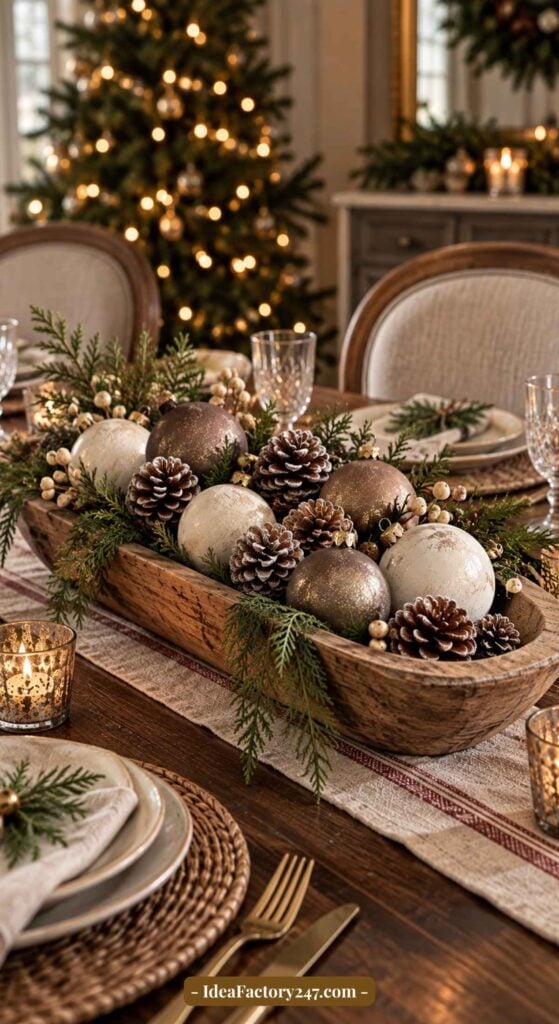 A festive dining table with a wooden centerpiece filled with pinecones, ornaments, and greenery. Candles and glassware are set around, with a decorated Christmas tree glowing in the background.