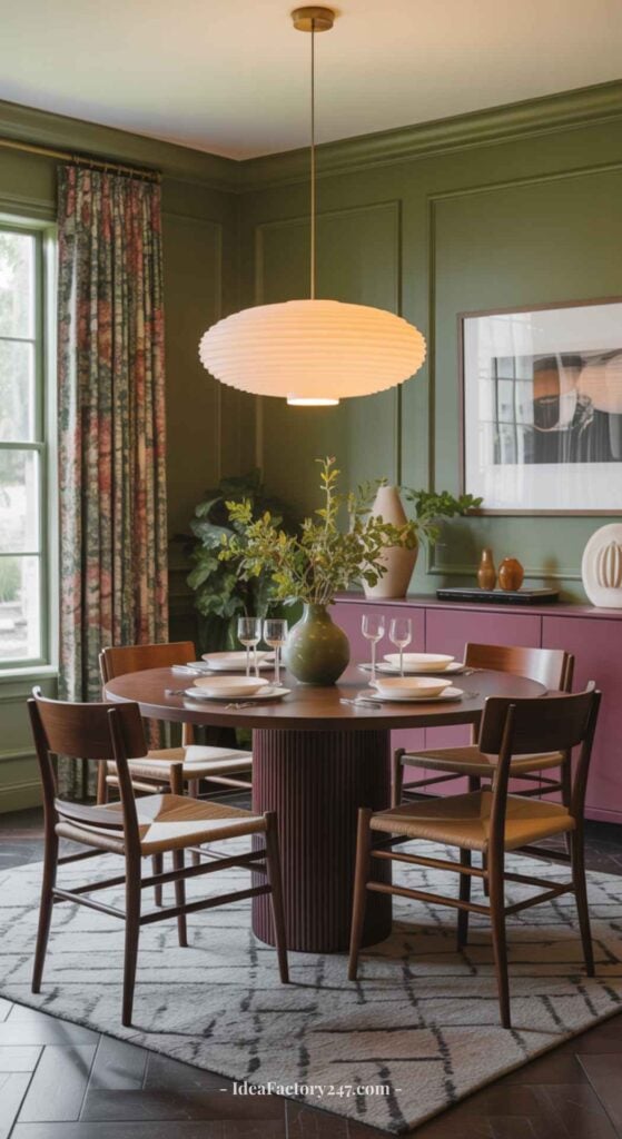 A round wooden dining table with four chairs, set with plates and glasses, sits under a white pendant lamp. Green walls, floral curtains, and a sideboard with decor complete the cozy, stylish dining room.