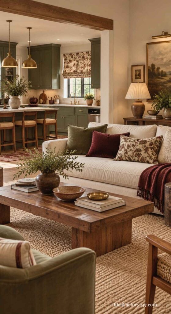 Warm living room with a beige sofa, green and burgundy pillows, wooden coffee table, potted plants, and a view into a kitchen with green cabinets and gold pendant lights. Cozy, rustic decor.