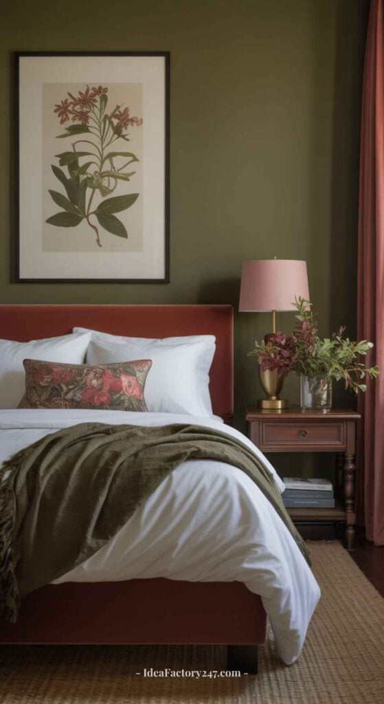 A cozy bedroom with an olive green wall, brown headboard, white bedding, floral pillow, green throw, and a nightstand holding a lamp, books, and a floral arrangement. A botanical print hangs above the bed.