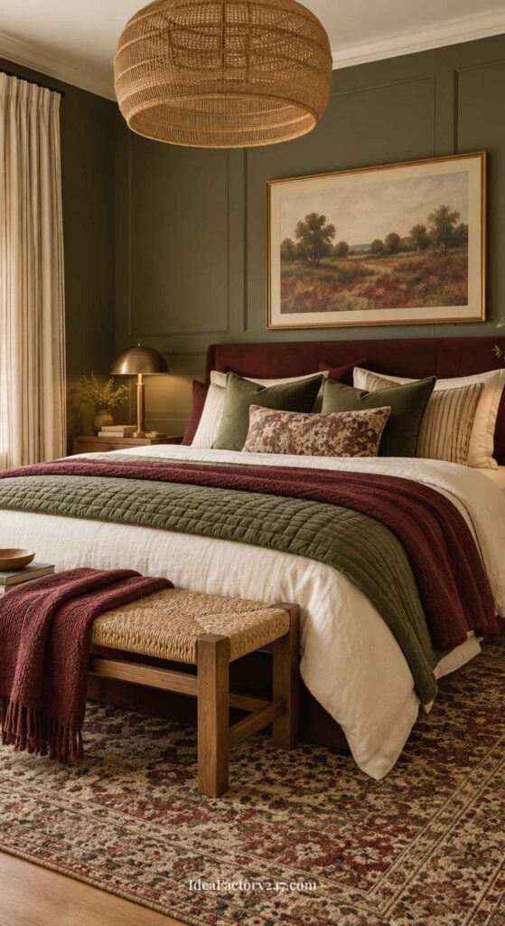 Cozy bedroom with earth-toned decor, featuring a large bed with layered blankets and pillows, a woven bench, a patterned rug, a round wicker ceiling light, and a landscape painting on a green wall.