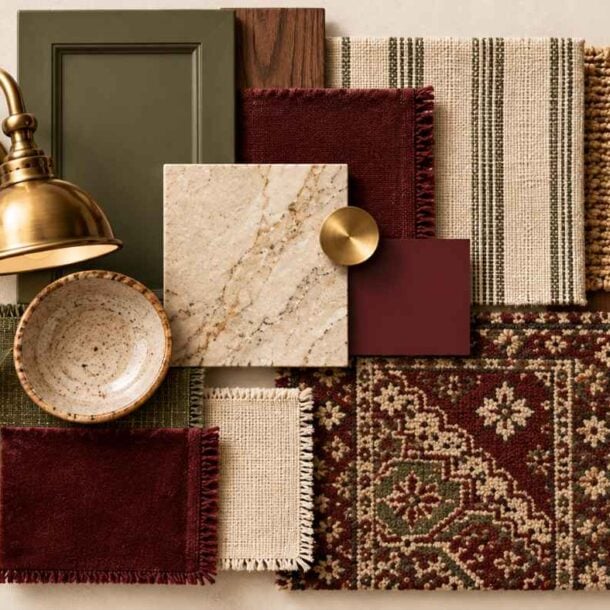 Flat lay of home decor samples: brass lamp, green cabinet, marble tile, bowl, gold drawer pull, burgundy and patterned carpets, wood planks, striped and textured fabric swatches, and a branch with green leaves on a beige background.