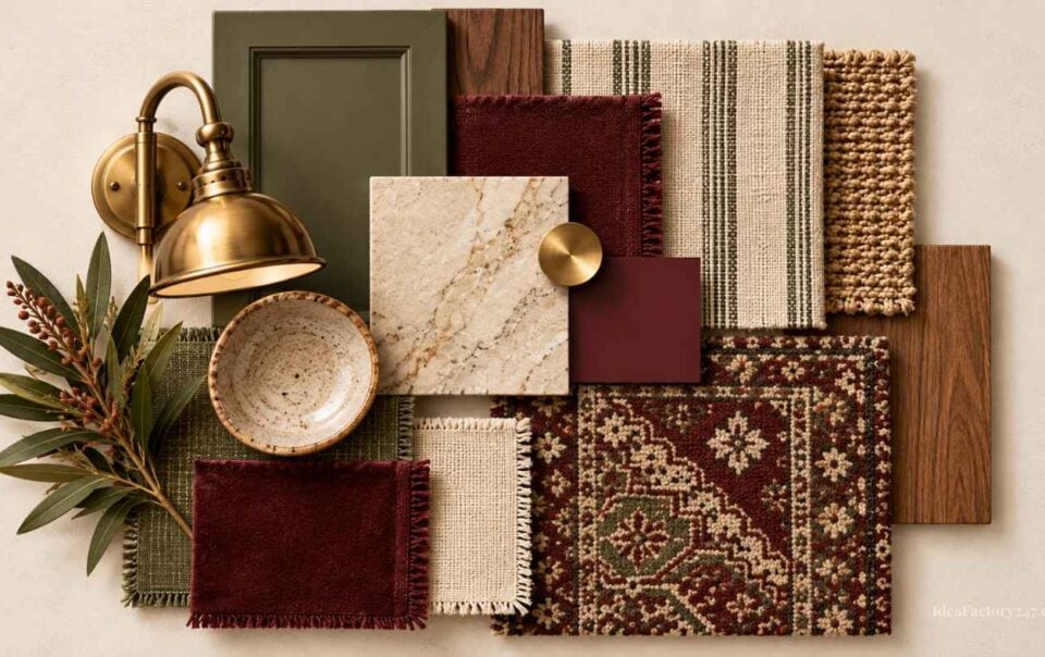 Flat lay of home decor samples: brass lamp, green cabinet, marble tile, bowl, gold drawer pull, burgundy and patterned carpets, wood planks, striped and textured fabric swatches, and a branch with green leaves on a beige background.