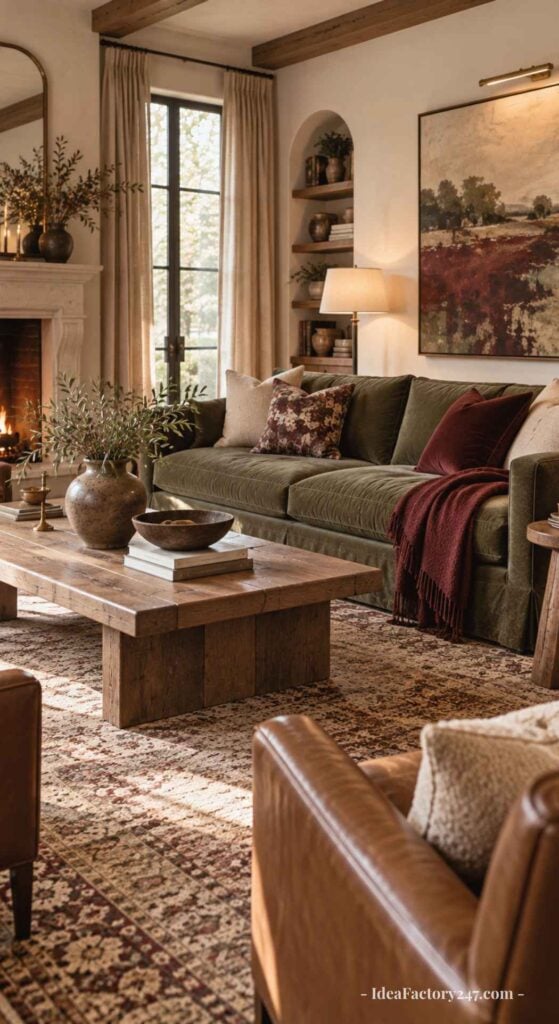 A cozy living room with a green velvet sofa, wooden coffee table, leather chairs, fireplace, patterned rug, shelves with decor, and warm lighting. Large window with beige curtains brings in natural light.