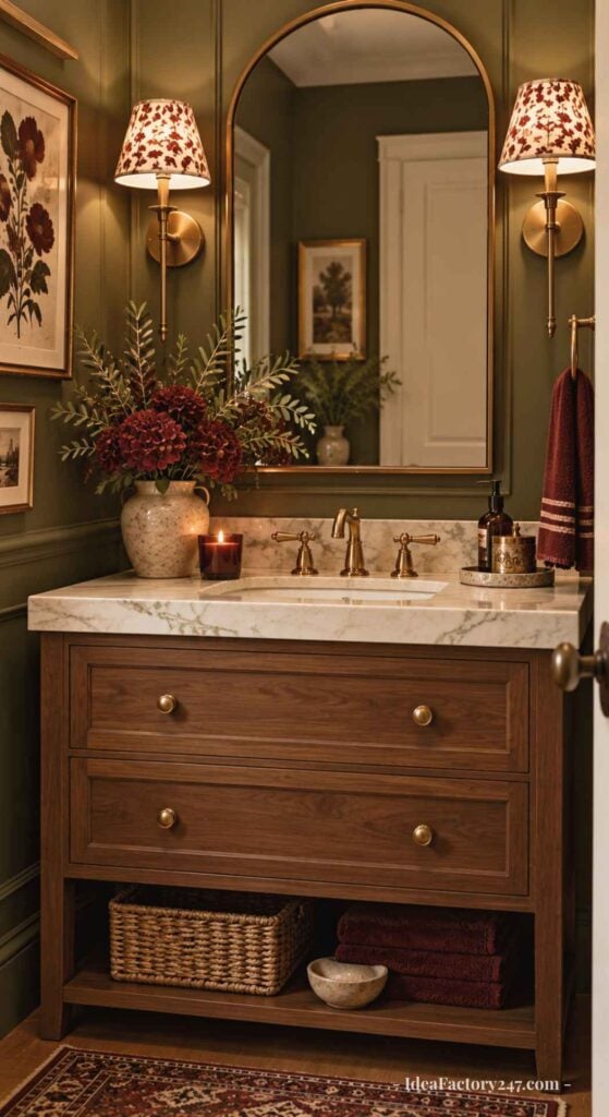 Elegant bathroom with green walls, a marble-top wooden vanity, brass fixtures, a large mirror, sconces, a vase with red flowers, framed artwork, a wicker basket, and a candle. Cozy, vintage-inspired decor.