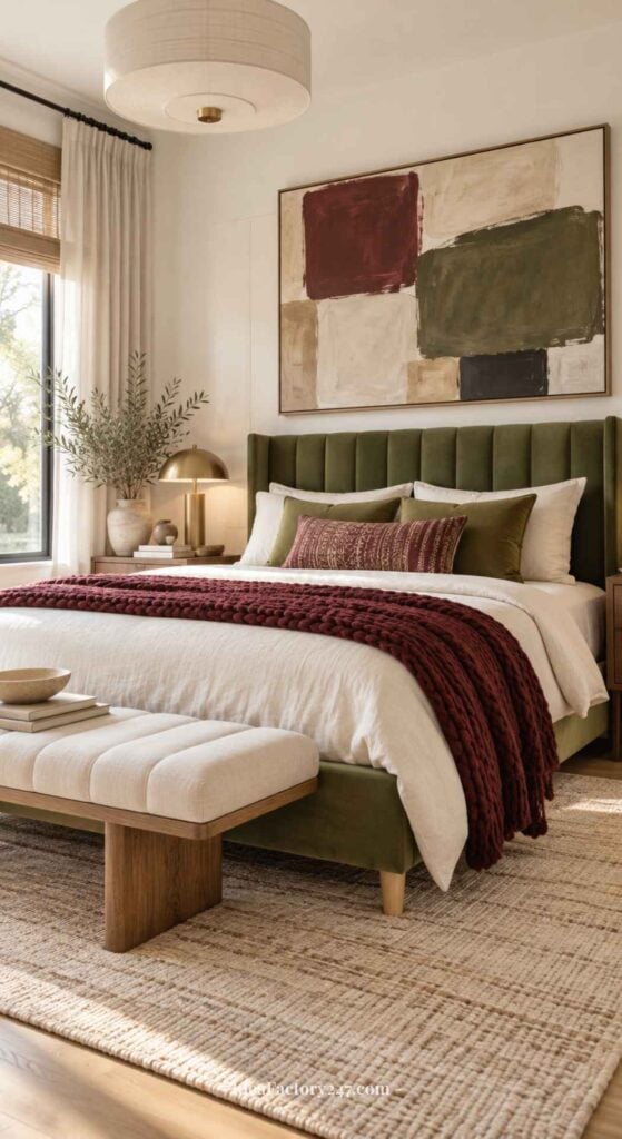Modern bedroom with a green velvet bed, white bedding, burgundy throw, abstract wall art, wooden bench, woven rug, and large window with natural light and plants.