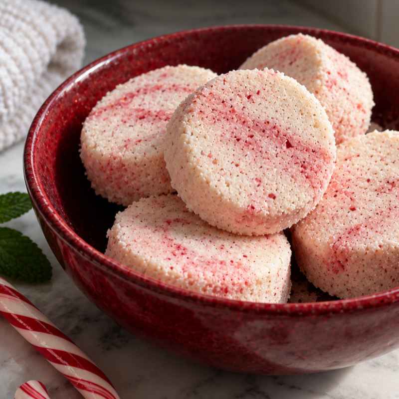A red bowl filled with round, pink-and-white peppermint bath bombs sits on a marble surface. A few candy canes and mint leaves are nearby.