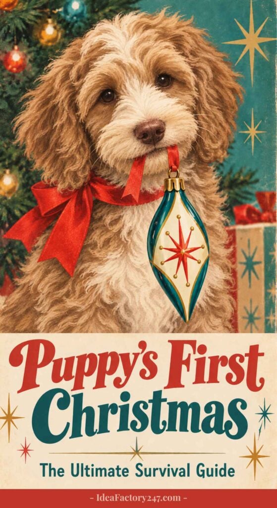 A fluffy puppy with a red bow sits by a Christmas tree, holding an ornament in its mouth. Text reads: Puppys First Christmas: The Ultimate Survival Guide..