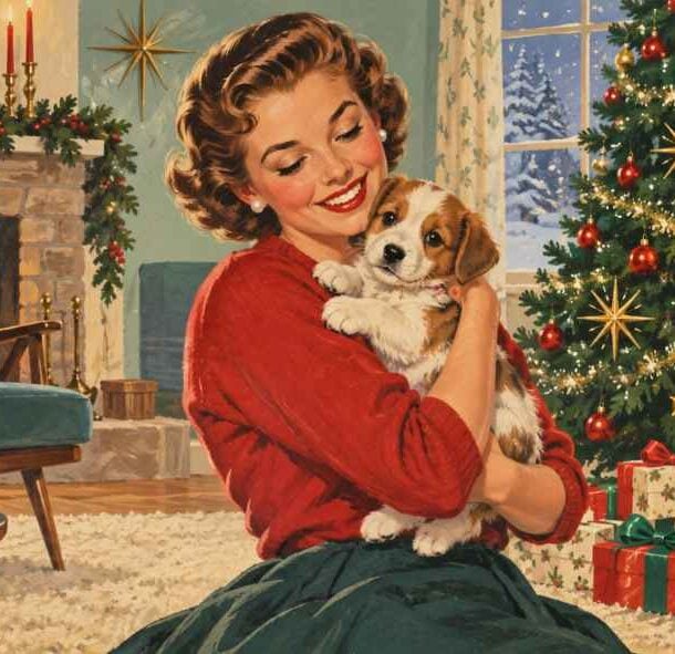 A smiling woman in a festive room hugs a puppy near a Christmas tree, fireplace, and wrapped gifts. The room is decorated with ornaments, garland, and candles, creating a warm holiday atmosphere.