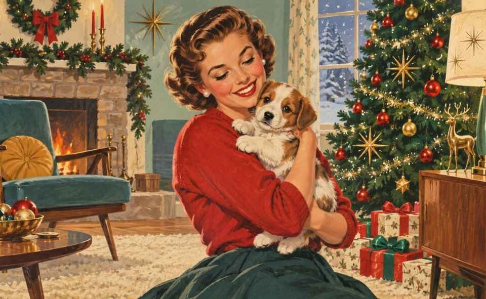 A smiling woman in a festive room hugs a puppy near a Christmas tree, fireplace, and wrapped gifts. The room is decorated with ornaments, garland, and candles, creating a warm holiday atmosphere.