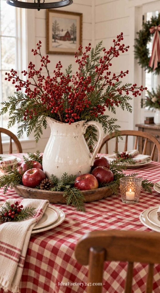 A festive table with a red plaid cloth features a white pitcher of red berries and greenery, surrounded by pomegranates, pinecones, and candles, creating a cozy holiday centerpiece.