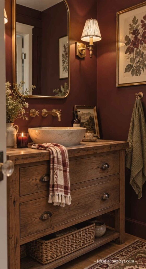 A cozy bathroom with maroon walls, a wooden vanity, round stone sink, wall-mounted faucet, mirror, sconce light, framed art, green towel, wicker basket, and a striped towel draped over the vanity.