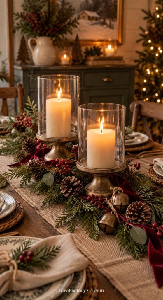 A festive table centerpiece with two lit pillar candles in glass holders, surrounded by pinecones, red berries, evergreen branches, and a burgundy ribbon, creating a cozy holiday atmosphere.