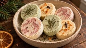 A speckled ceramic bowl holds six round, colorful bath bombs, each topped with herbs or dried citrus. The bowl rests on a wooden surface beside pine sprigs and a dried orange slice.