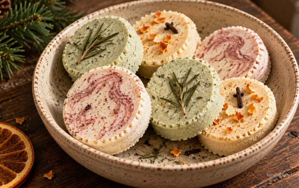 A speckled ceramic bowl holds six round, colorful bath bombs, each topped with herbs or dried citrus. The bowl rests on a wooden surface beside pine sprigs and a dried orange slice.