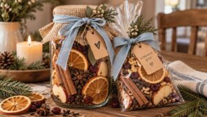A jar and a clear bag filled with dried oranges, cranberries, cinnamon sticks, and spices—perfect for simmer pot gift ideas—both tied with blue ribbons and tags, sit on a rustic table with pine branches and a lit candle nearby.