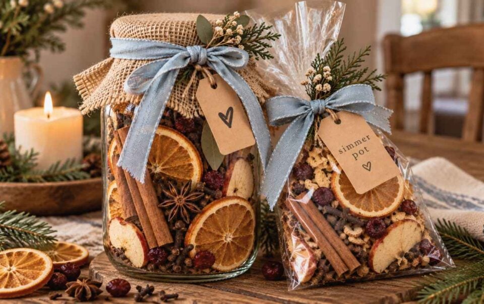 A jar and a clear bag filled with dried oranges, cranberries, cinnamon sticks, and spices—perfect for simmer pot gift ideas—both tied with blue ribbons and tags, sit on a rustic table with pine branches and a lit candle nearby.