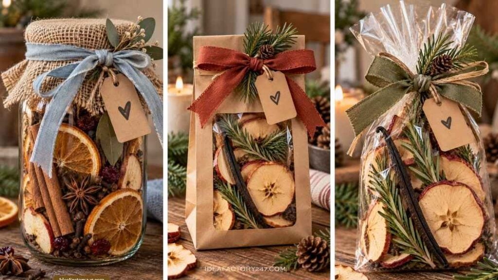 Three holiday gift packages with dried orange slices, apples, cinnamon sticks, and greenery, each decorated with ribbon bows and heart tags; one in a jar, one in a paper bag, and one in clear plastic.