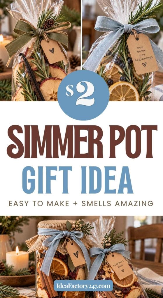 Gift bag with dried oranges, herbs, and a tag reading new home, new beginnings, tied with twine and greenery. Text overlay says $2 simmer pot gift idea; easy to make + smells amazing—perfect inspiration if you’re looking for simple simmer pot gift ideas.