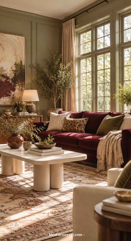 Sunlit burgundy sofa living room with earth-toned pillows, a white coffee table, potted plants, an abstract painting, and large windows with beige curtains. Warm, cozy, and inviting decor.