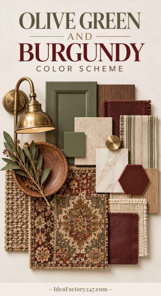 A flat lay of decor samples featuring olive green, burgundy, cream, and brown tones, including fabric swatches, tiles, a light fixture, and greenery, illustrating an olive green and burgundy color scheme.