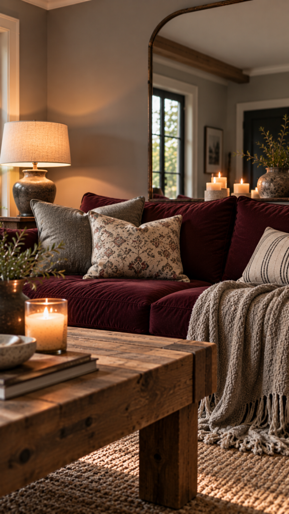 Cozy burgundy sofa living room featuring patterned pillows, a striped throw, a wooden coffee table, lit candles, a table lamp, and a large mirror reflecting windows and natural light.