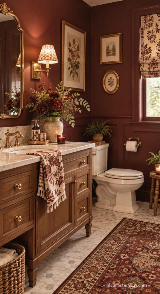 A cozy bathroom with burgundy walls, vintage décor, floral art, a wooden vanity with marble top, patterned rug, gold fixtures, and warm lighting from a wall sconce.