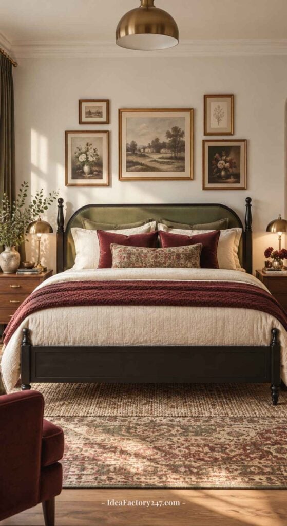 A cozy bedroom with a green upholstered bed, burgundy and cream bedding, bedside tables with lamps, framed art on the wall, and a patterned rug on the floor. A gold pendant light hangs above the bed.