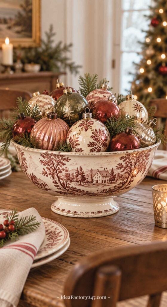 A large, vintage-style bowl filled with Christmas ornaments and pine sprigs sits on a wooden table set with holiday china and napkins. A decorated Christmas tree is visible in the background.