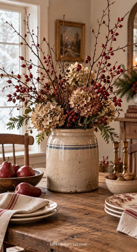 A rustic ceramic vase with dried hydrangeas, berries, and greenery sits on a wooden table set with plates, pears, napkins, and brass candlesticks in a cozy dining room.