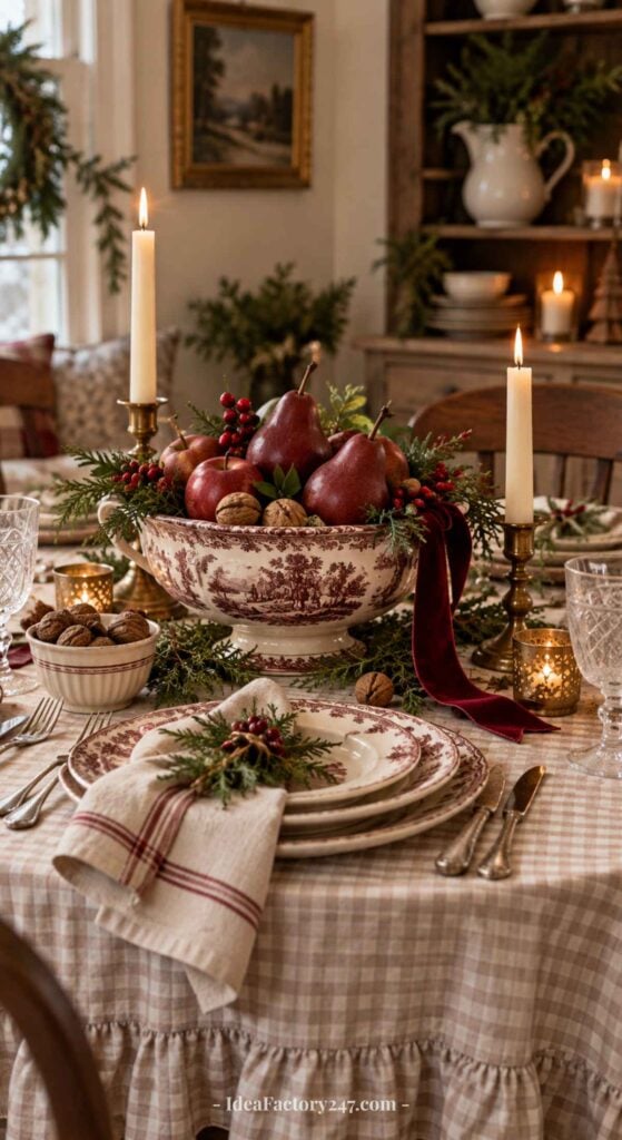 A festive table set with vintage china, candles, and a centerpiece of red pears, berries, and greenery in a decorative bowl. Elegant glassware, napkins, and nut bowls complete the cozy, holiday-inspired scene.
