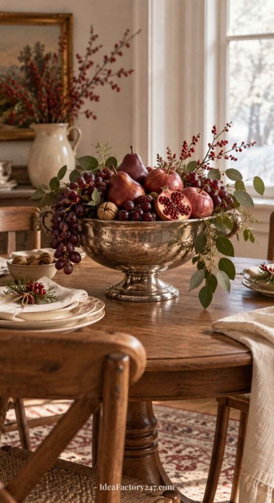A rustic dining table with a silver bowl centerpiece filled with pomegranates, pears, grapes, nuts, and greenery. Plates and napkins are set nearby. Sunlight streams through a window in the cozy, warmly decorated room.