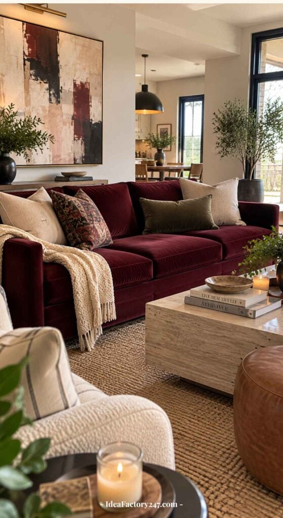 A cozy living room with a maroon velvet sofa, neutral armchair, abstract wall art, potted plants, a woven rug, and a marble coffee table with books and lit candles. Warm natural light fills the space.
