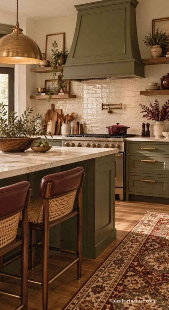 Warm kitchen with green cabinets, marble countertops, brass accents, vintage rug, open shelves with decor, a large range hood, and natural light streaming in. Two woven-back chairs sit at the island.