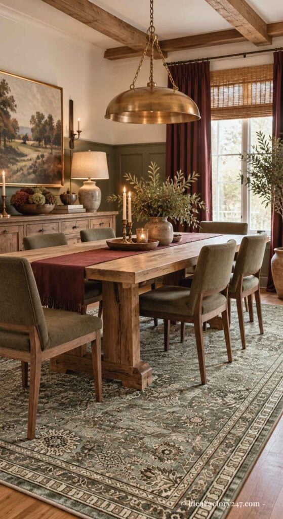 A cozy dining room with a wooden table, six upholstered chairs, a brass pendant light, candles, potted plants, a sideboard, a landscape painting, and a patterned rug on the floor.
