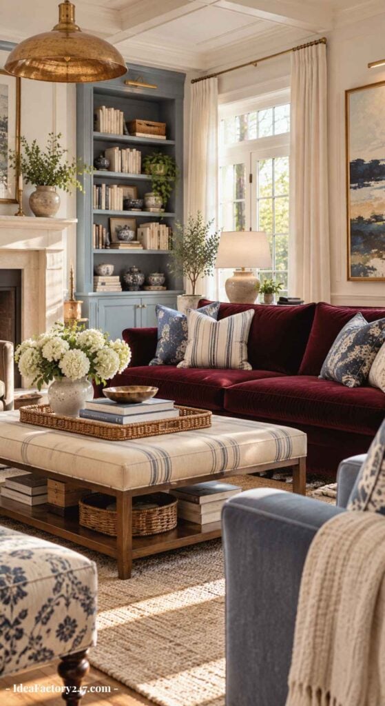 Sunlit burgundy sofa living room with a blue armchair, striped ottoman, floral pillows, shelves filled with books, large windows, artwork, and a brass pendant light. Flowers and baskets add cozy, elegant details.
