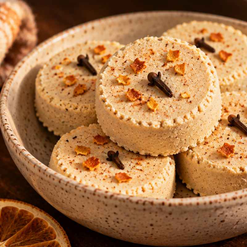A bowl of round cookies topped with orange zest and whole cloves, arranged neatly in a speckled ceramic bowl. Dried orange slices are visible to the side on a dark wooden surface.