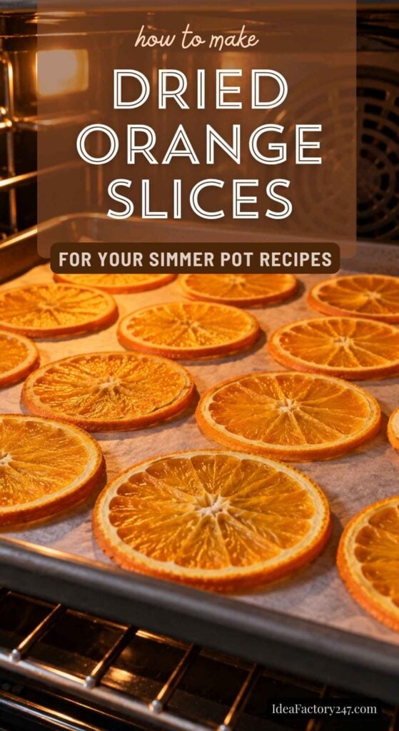 Orange slices arranged on a baking sheet inside an oven, drying. Text reads: How to make dried orange slices for your simmer pot recipes using perfectly prepared dried orange slices.