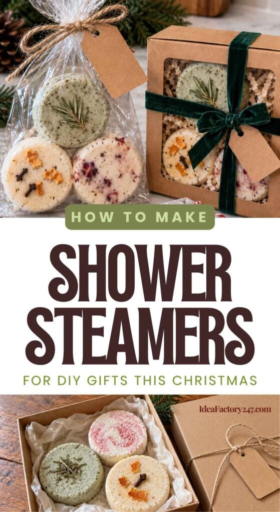 Homemade shower steamers in festive packaging, tied with string and ribbon, shown as DIY Christmas gifts. Various colors and dried herbs are visible. How to make shower steamers for DIY gifts this Christmas is written.