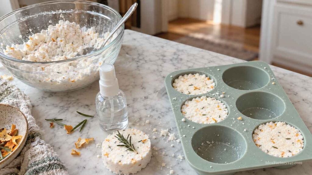 A kitchen counter with a glass bowl of bath bomb mixture, a spoon, a spray bottle, and a silicone mold holding round bath bombs, one topped with rosemary.
