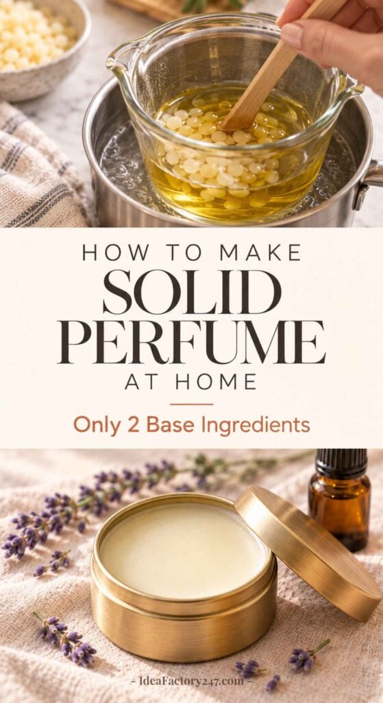 A hand stirs white pellets in a glass bowl over a pot. Below, a tin of DIY Solid Perfume, lavender sprigs, and a dropper bottle are arranged on a cloth. Text reads: How to make solid perfume at home with only 2 base ingredients.