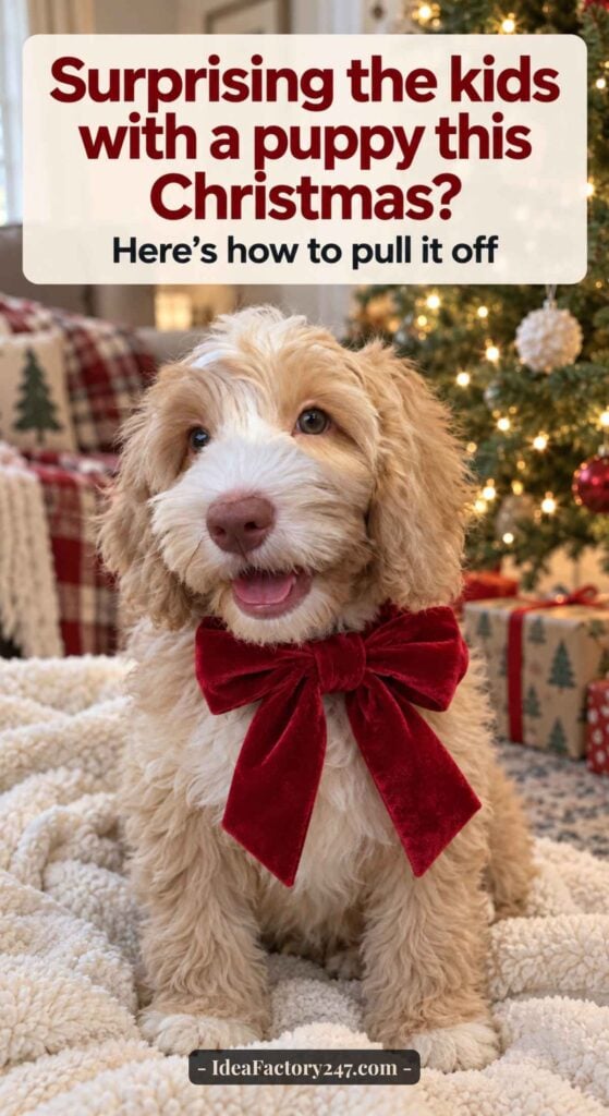 A fluffy puppy with a red bow sits on a blanket in a cozy, festive living room with a Christmas tree and holiday decorations in the background. Text above gives tips for surprising kids with a puppy for Christmas.