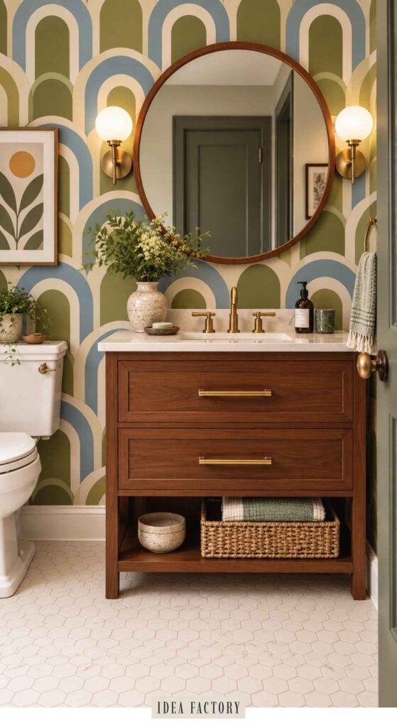 A bathroom vanity with a dark wood cabinet, white countertop, and gold hardware sits against a wall with a colorful, geometric arch wallpaper.