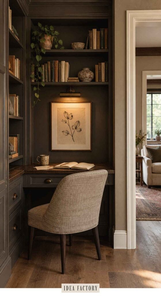 A built-in dark desk area with bookshelves, a framed botanical print, and an upholstered chair, with a glimpse into a living room beyond.